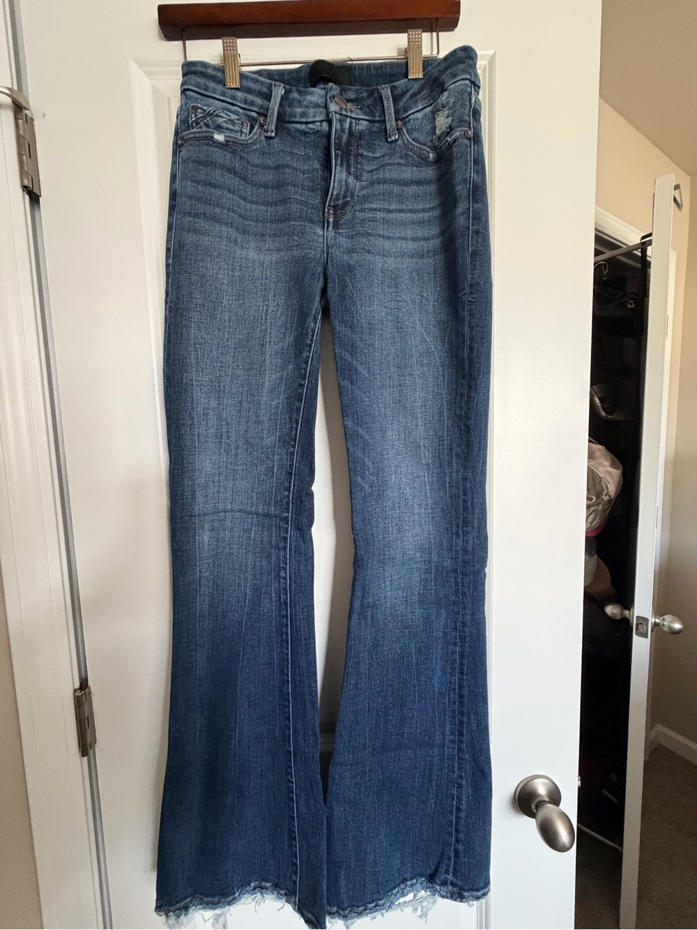 Women's Blue Flare Jeans - Classic Medium Wash - Buckle Black